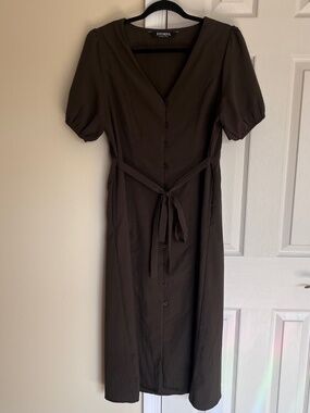 Disturbia Dark Olive Green Rosette Button Up Midi Dress